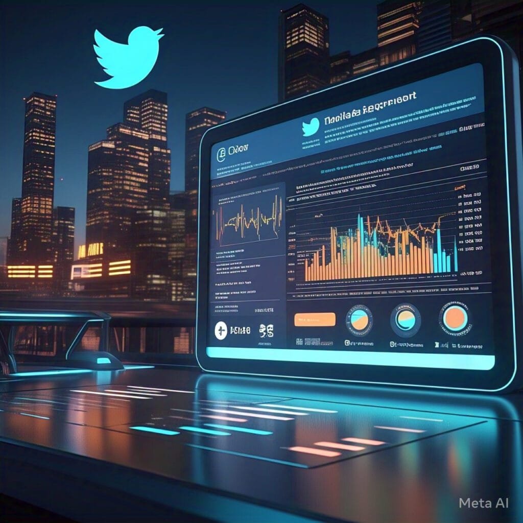 Futuristic digital dashboard displaying Twitter analytics with engagement metrics rising, featuring a glowing Twitter logo, increasing likes, retweets, and followers on a sleek high-tech interface.